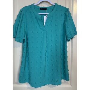 MEROKEETY Womans V Neck Ruffle Short Sleeve Blouse Swiss Dot top blouse sz L NWT